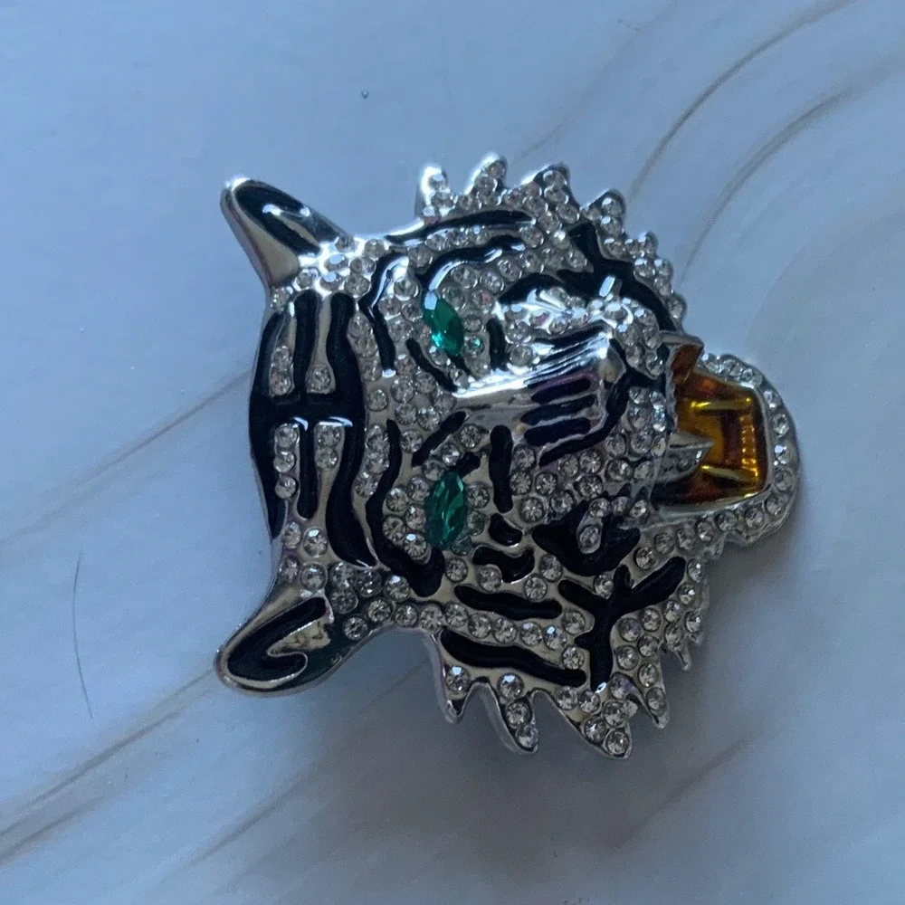 Rhinestone Tiger Head Brooch Pin Silver Tone Enamel Roaring Green Eyes